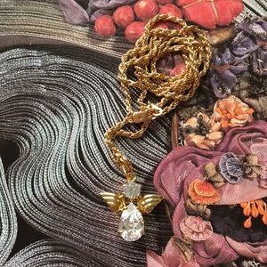 Cubic Zirconia Guardian Angel Protection Necklace Gold Tone NWOT